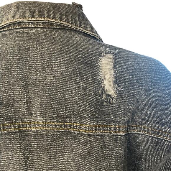 POL Denim JACKET Womens L Black Distressed Long Sleeves Animal Print Patchwork - Picture 8 of 14